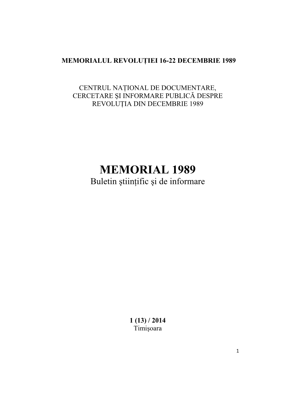 MEMORIAL 1989 Buletin Ştiinţific Şi De Informare