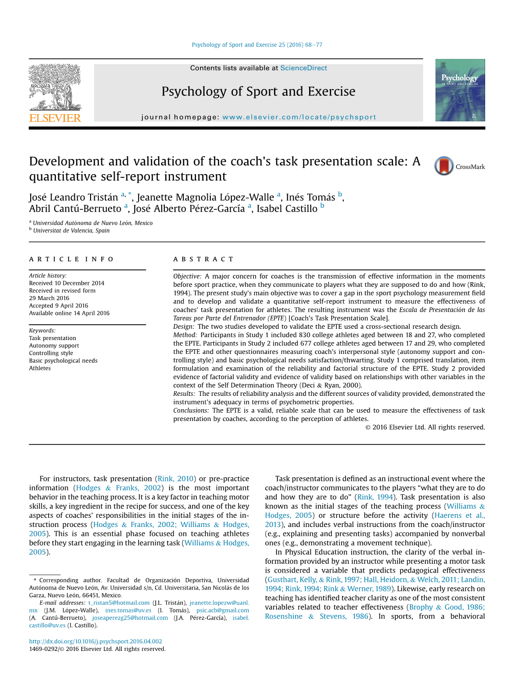 Development and Validation of the Coach's Task Presentation Scale: a Quantitative Self-Report Instrument