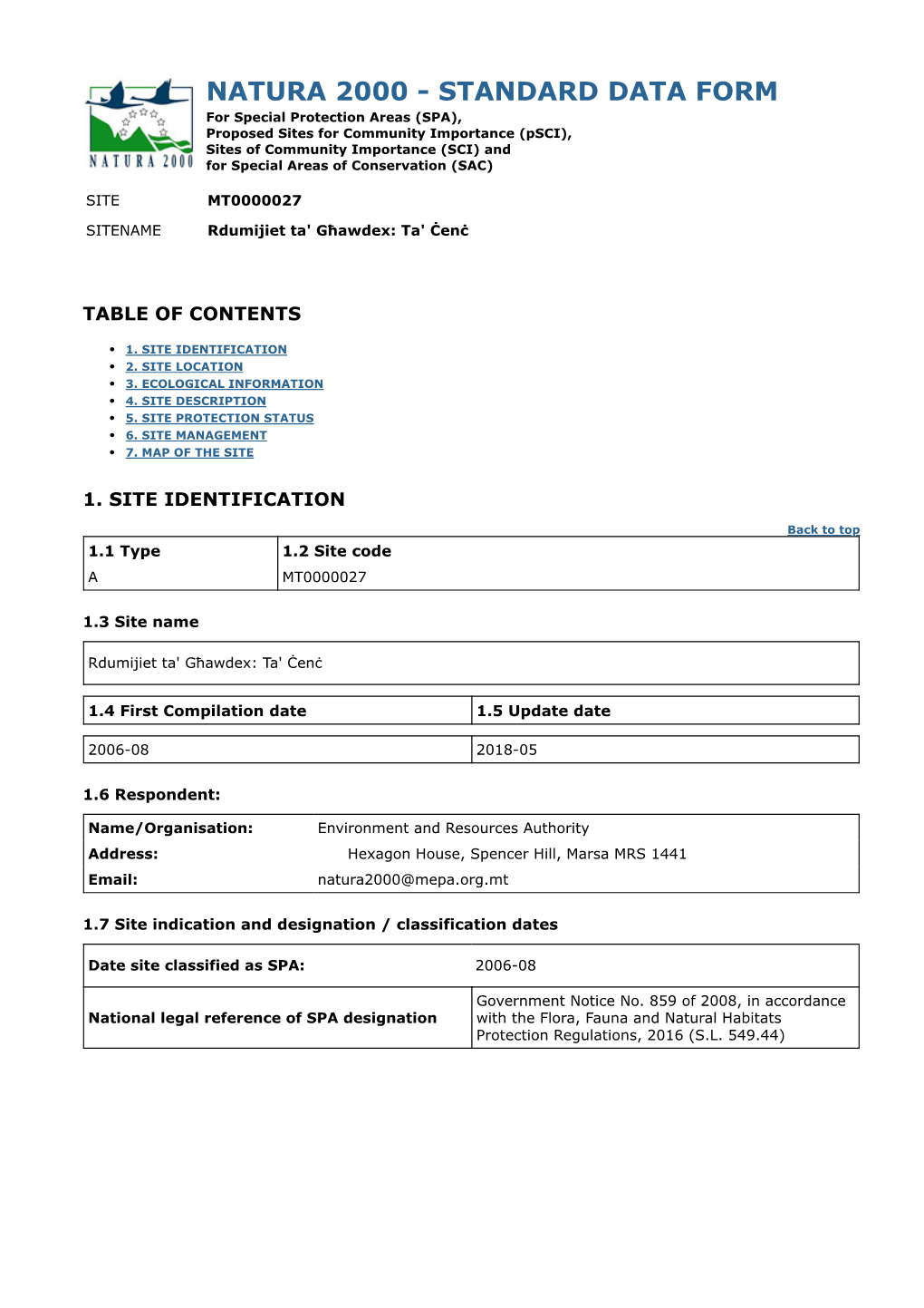 Standard Data Form