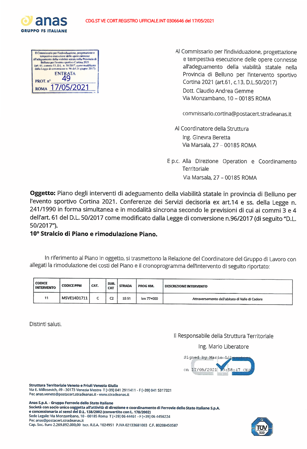 CDG.ST VE CORT.REGISTRO UFFICIALE.INT 0306646 Del 17/05/2021