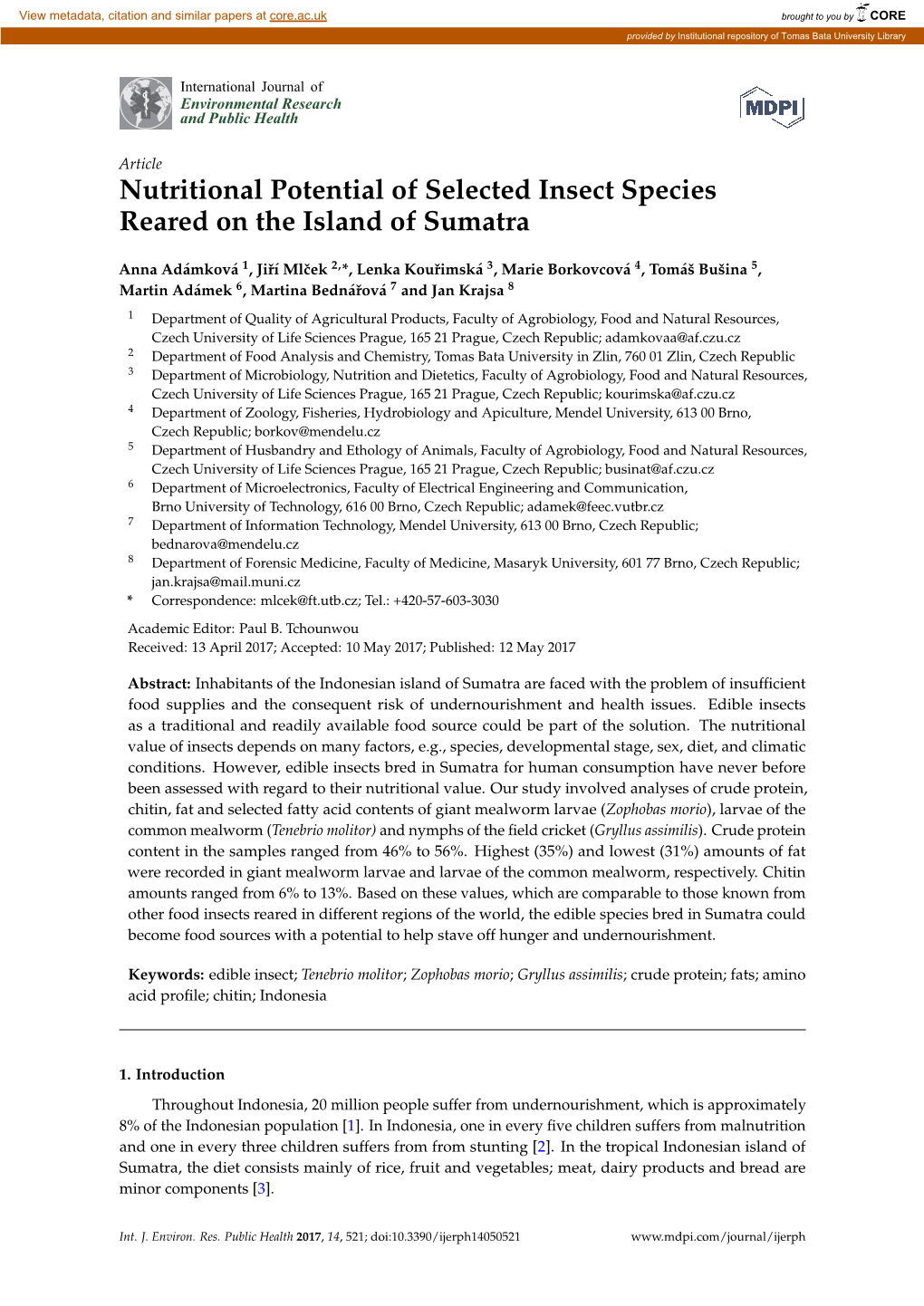 Nutritional Potential of Selected Insect Species Reared on the Island of Sumatra