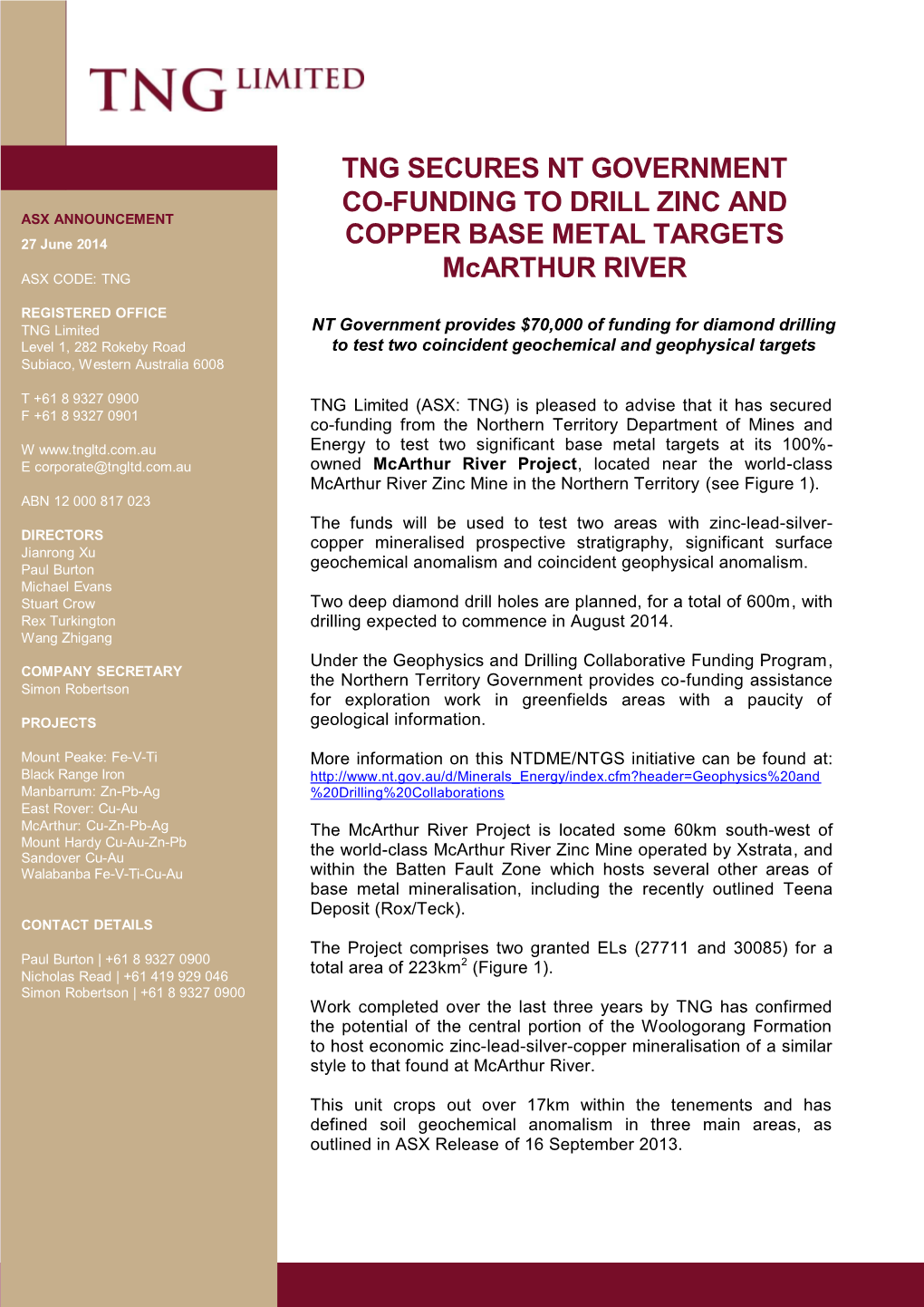 Tng Secures Nt Government Co-Funding to Drill Zinc and Asx