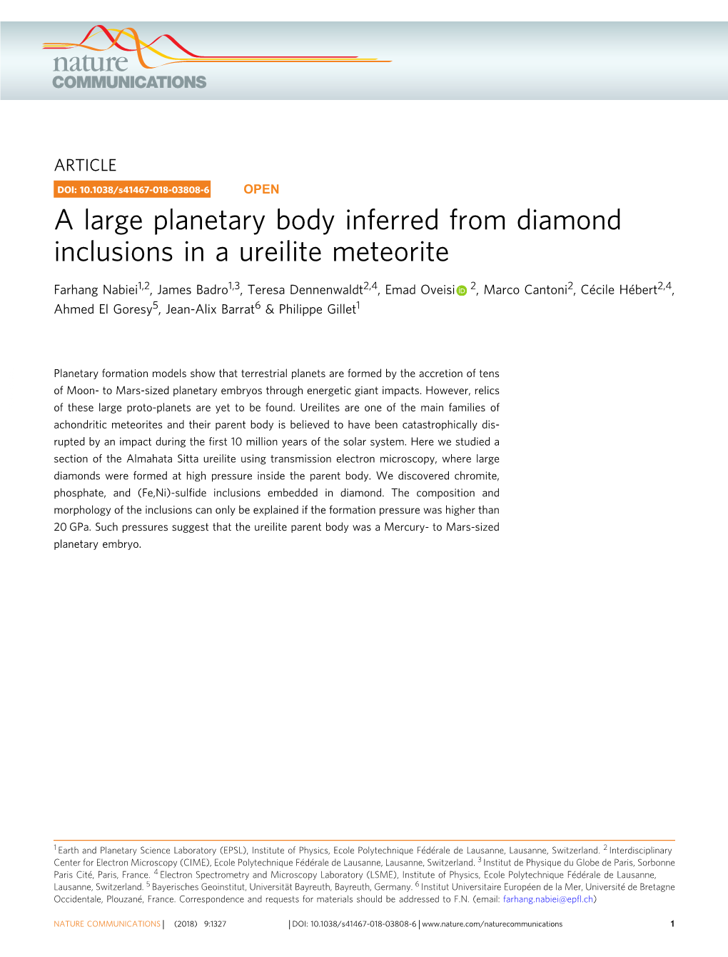 A Large Planetary Body Inferred from Diamond Inclusions in a Ureilite Meteorite