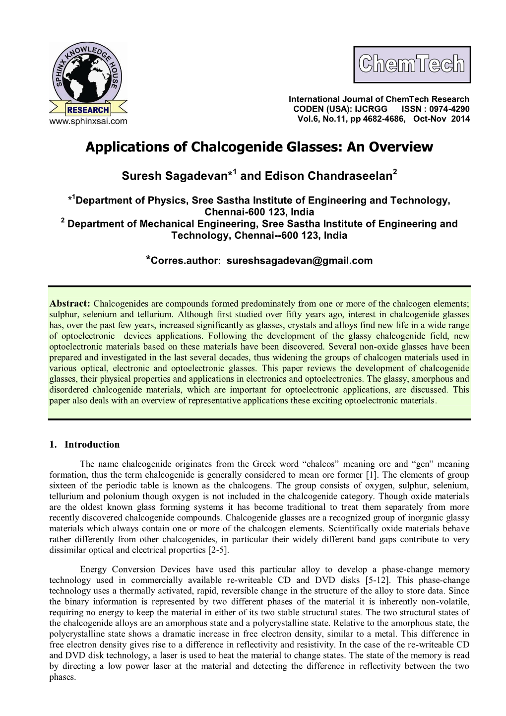 Applications of Chalcogenide Glasses: an Overview