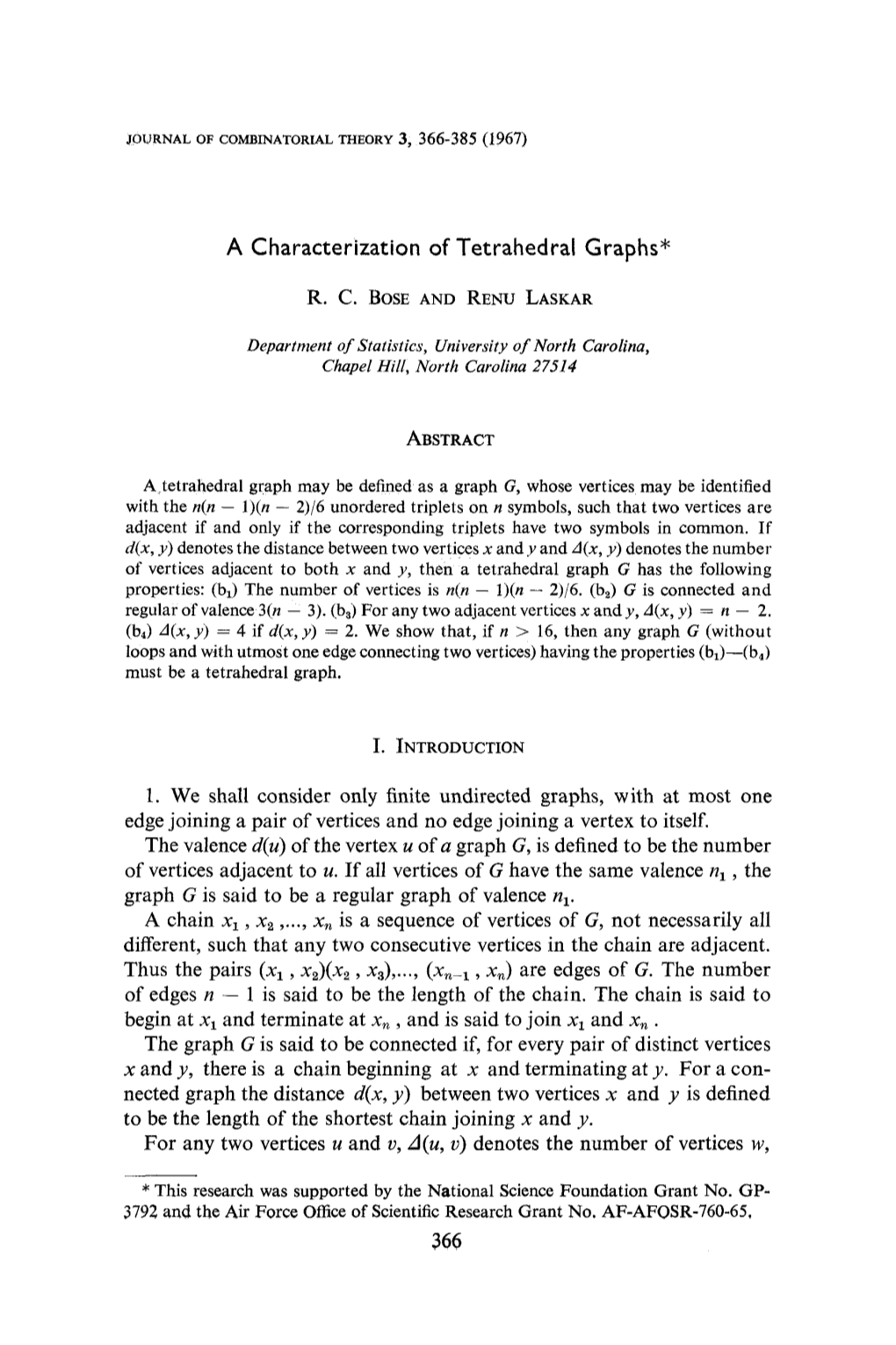 A Characterization of Tetrahedral Graphs*