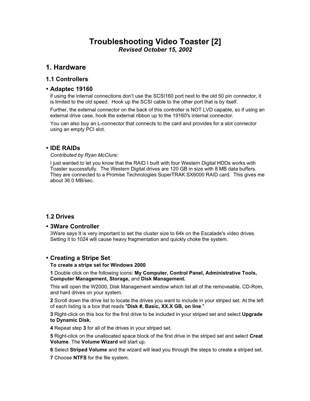 Troubleshooting Video Toaster [2] Revised October 15, 2002