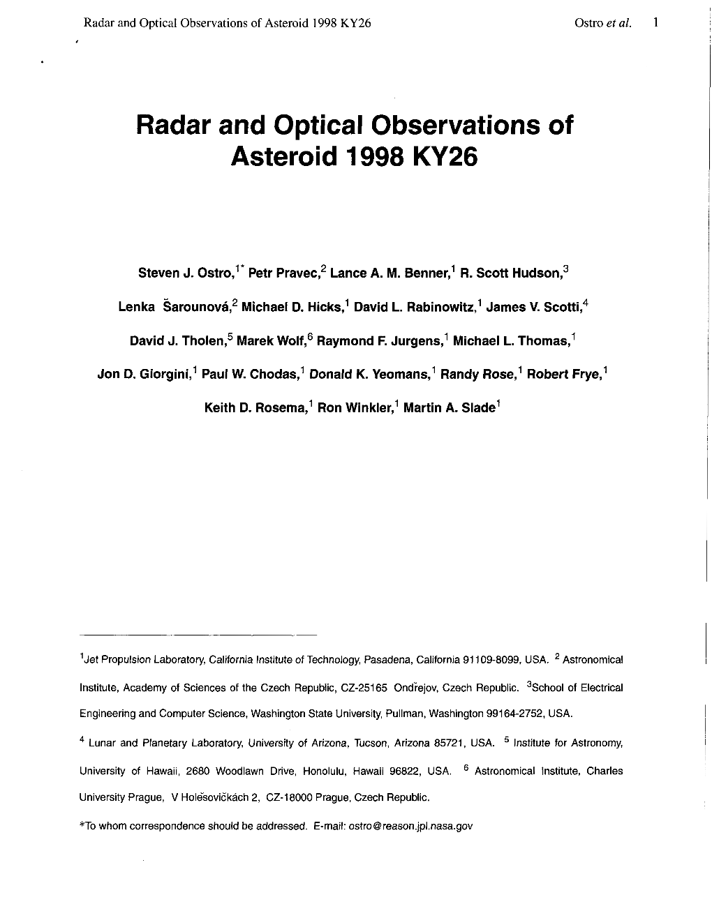 Radar and Optical Observations of Asteroid 1998 KY26 Ostro Et Al