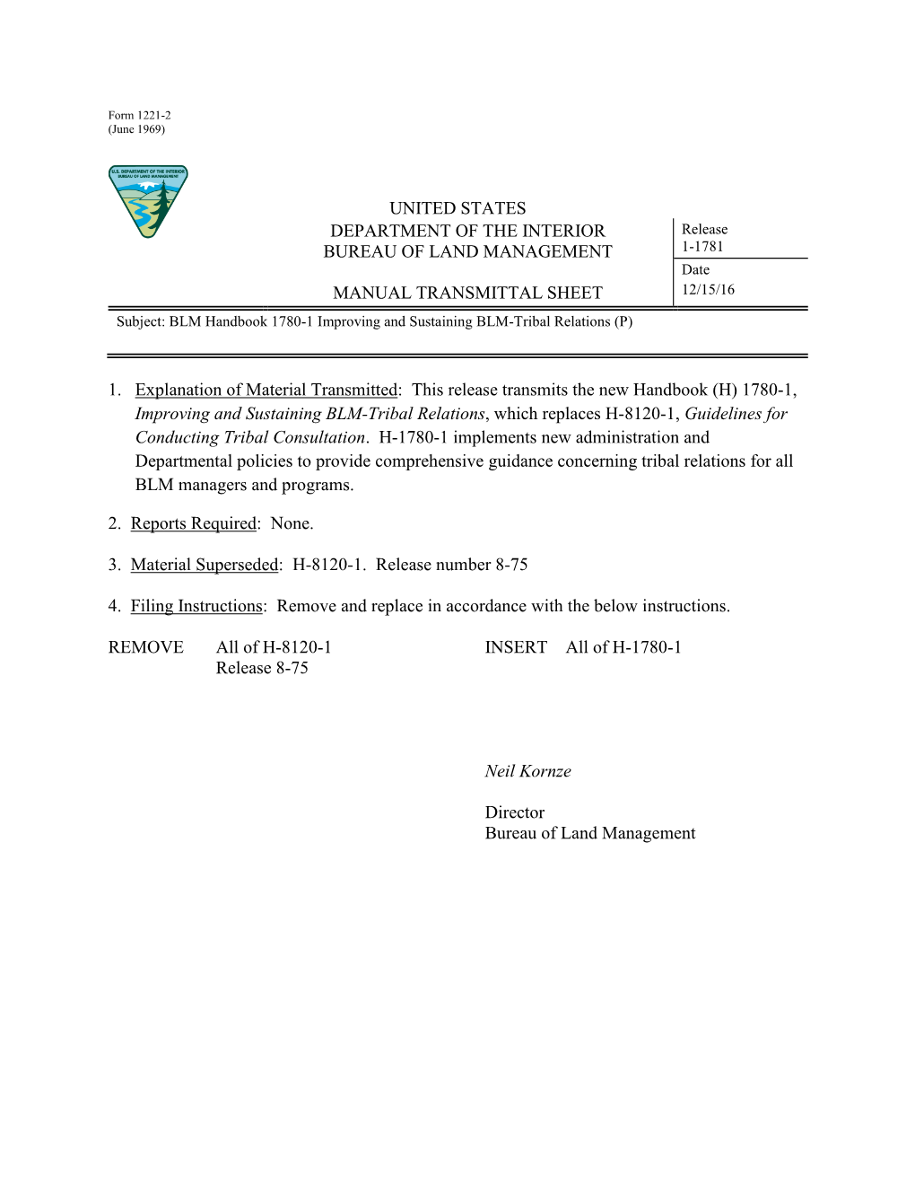 H-1780-1, Improving and Sustaining BLM-Tribal Relations, Replaces H-8120-1 (Rel