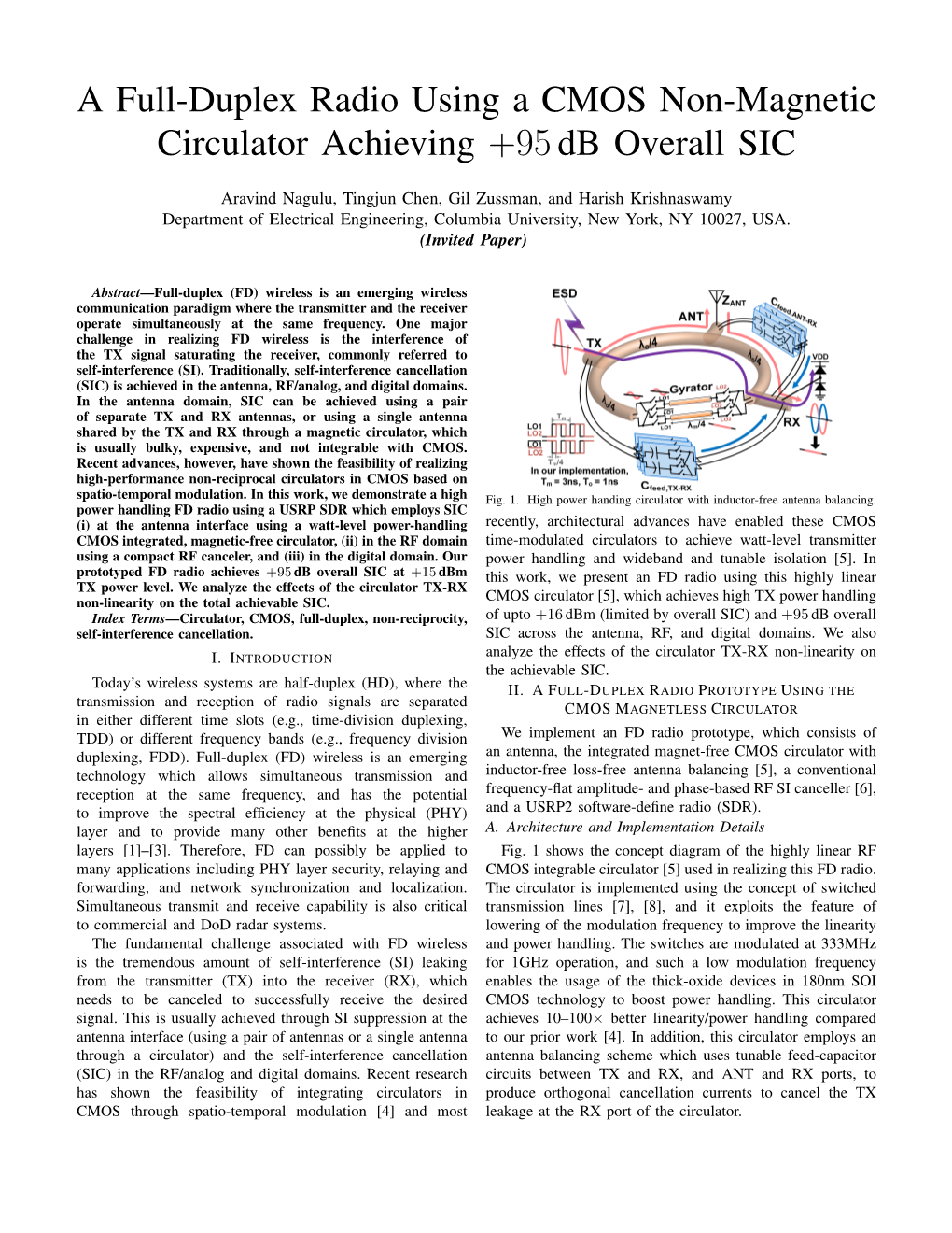 A Full-Duplex Radio Using a CMOS Non-Magnetic Circulator Achieving +95 Db Overall SIC