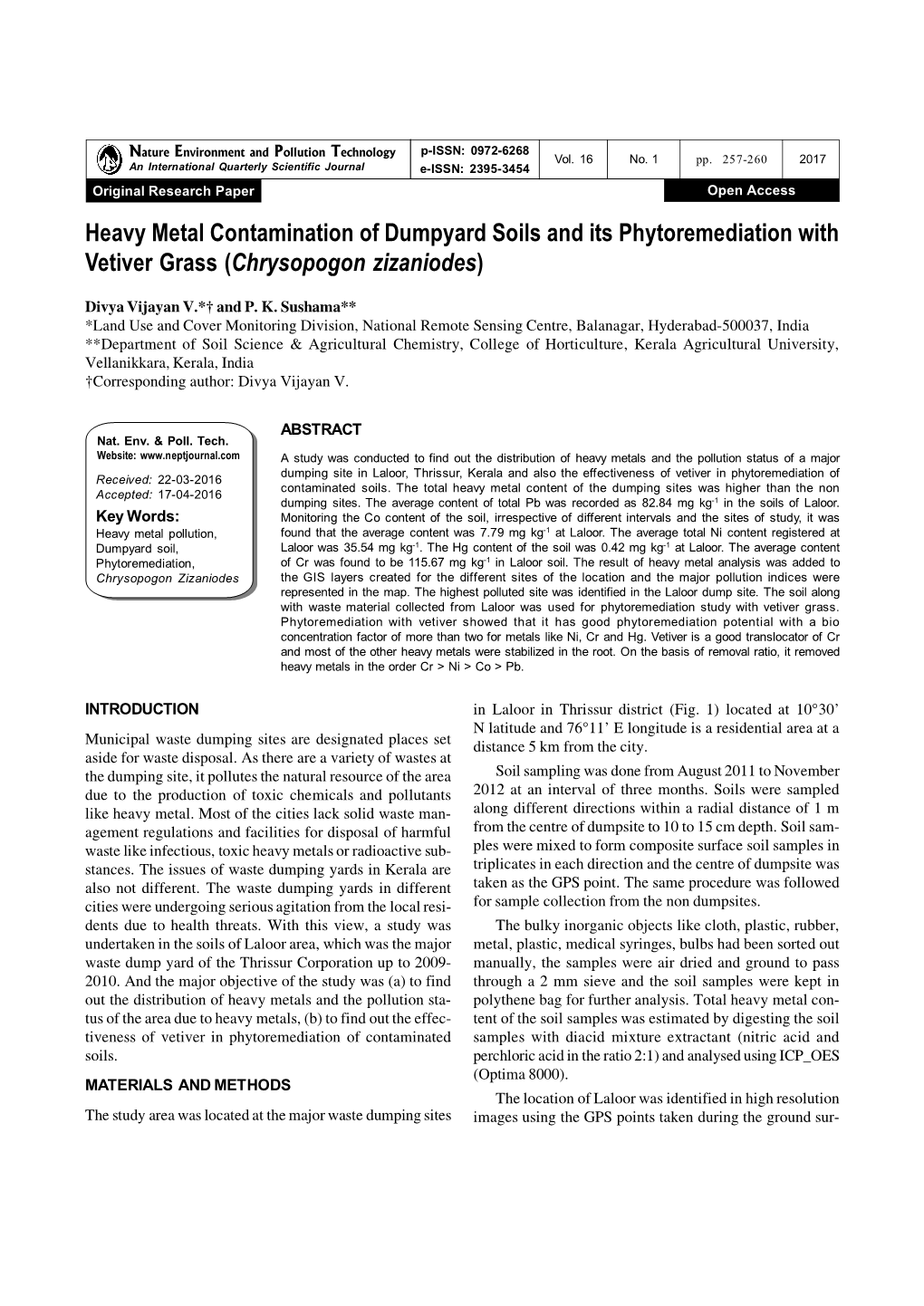 Heavy Metal Contamination of Dumpyard Soils and Its Phytoremediation with Vetiver Grass (Chrysopogon Zizaniodes)