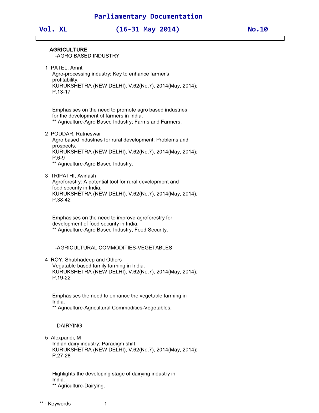 Parliamentary Documentation Vol. XL (16-31 May 2014) No.10