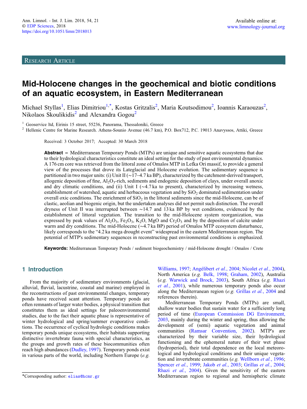 Mid-Holocene Changes in the Geochemical and Biotic Conditions of an Aquatic Ecosystem, in Eastern Mediterranean