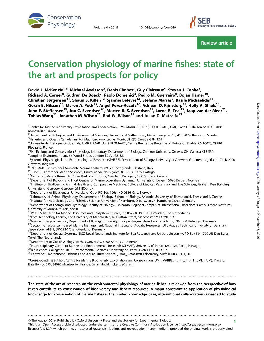 Conservation Physiology of Marine Fishes: State of the Art and Prospects