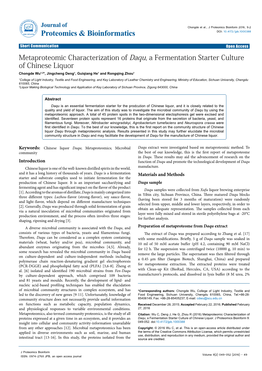 Metaproteomic Characterization of Daqu, a Fermentation Starter Culture of Chinese Liquor