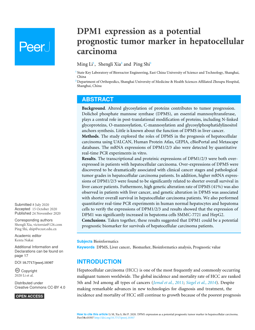 DPM1 Expression As a Potential Prognostic Tumor Marker in Hepatocellular Carcinoma