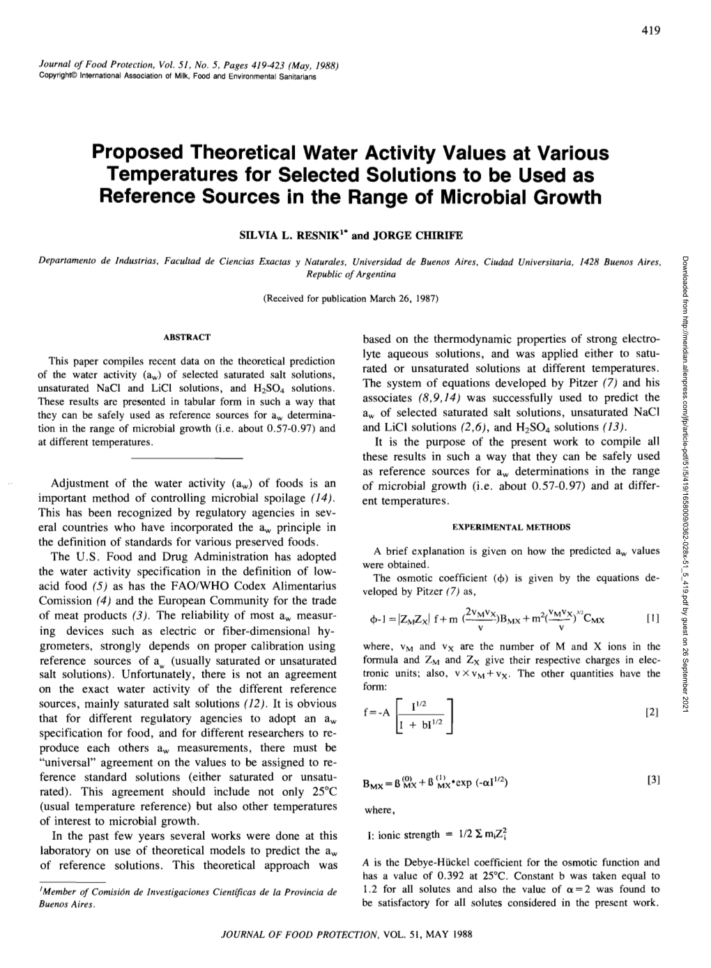 Proposed Theoretical Water Activity Values at Various Temperatures for Selected Solutions to Be Used As Reference Sources in the Range of Microbial Growth