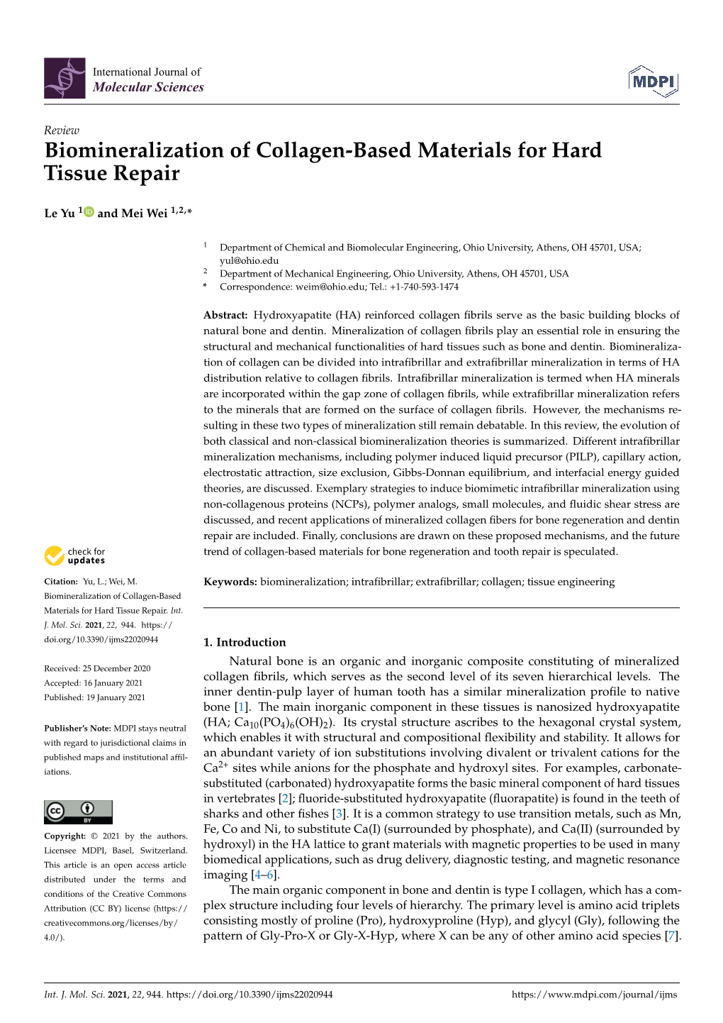 Biomineralization of Collagen-Based Materials for Hard Tissue Repair