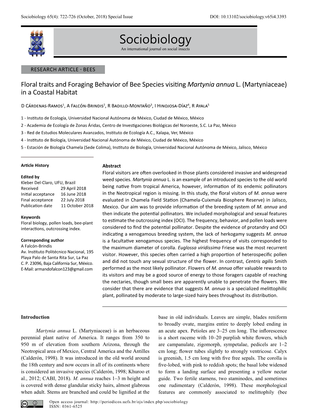 Sociobiology 65(4): 722-726 (October, 2018) Special Issue DOI: 10.13102/Sociobiology.V65i4.3393