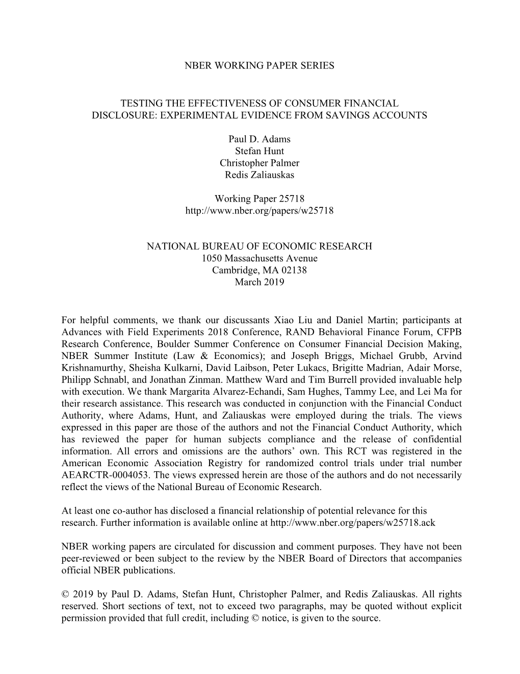 Testing the Effectiveness of Consumer Financial Disclosure: Experimental Evidence from Savings Accounts