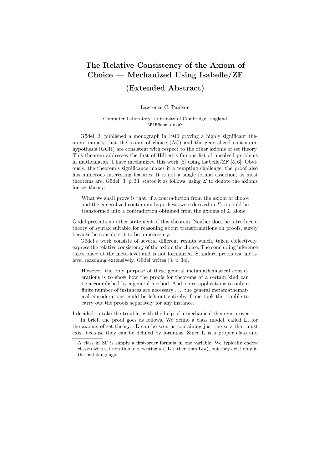 The Relative Consistency of the Axiom of Choice — Mechanized Using Isabelle/ZF (Extended Abstract)