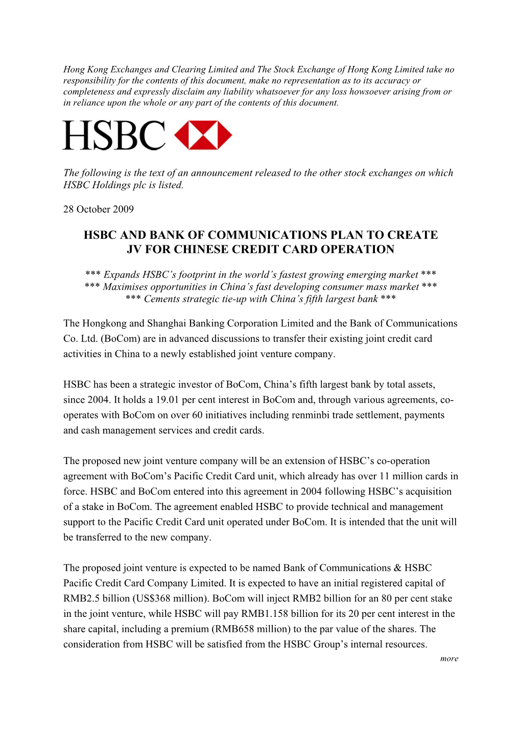 Hsbc and Bank of Communications Plan to Create Jv for Chinese Credit Card Operation