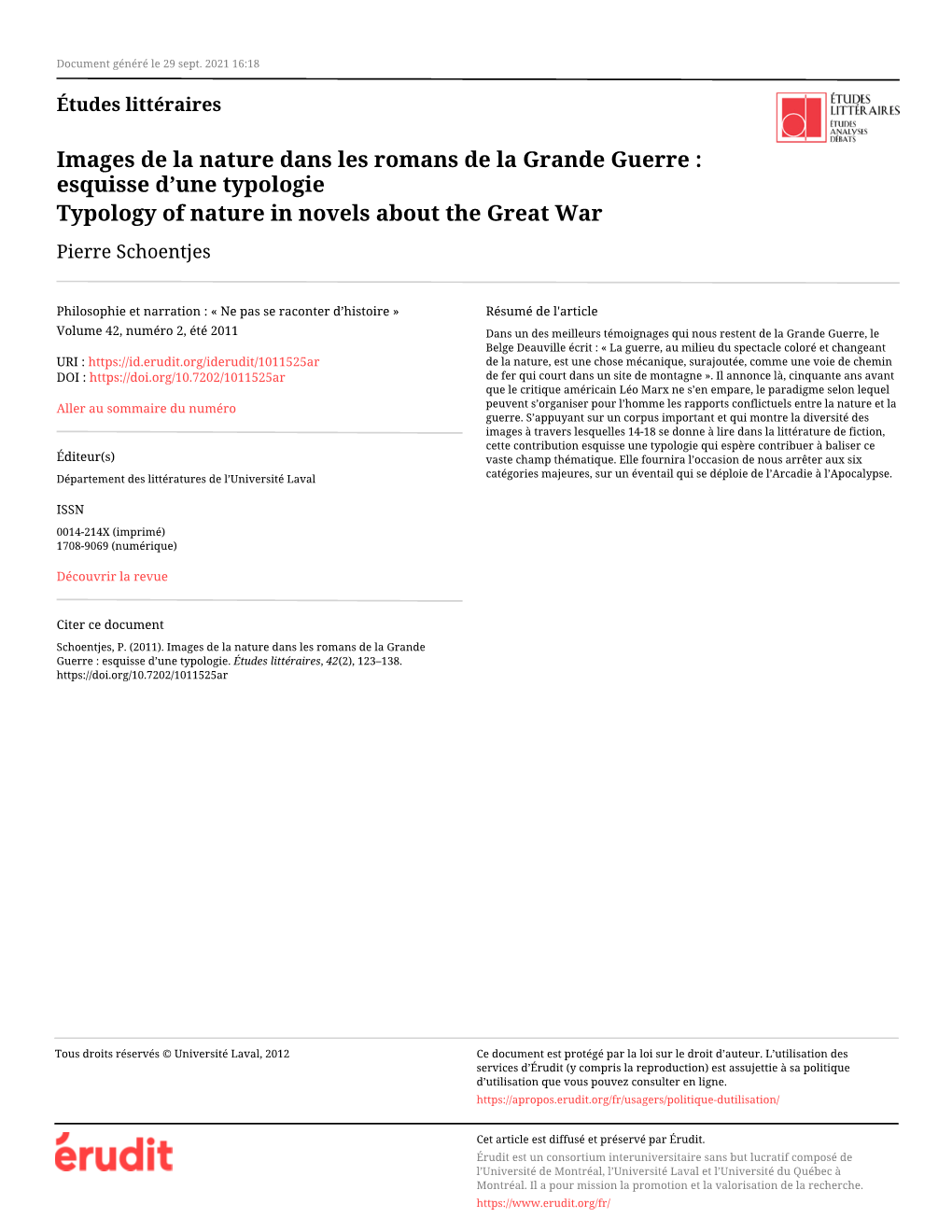 Images De La Nature Dans Les Romans De La Grande Guerre : Esquisse D’Une Typologie Typology of Nature in Novels About the Great War Pierre Schoentjes