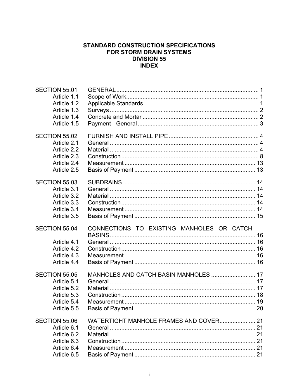 Standard Construction Specifications for Storm Drain Systems Division 55 Index
