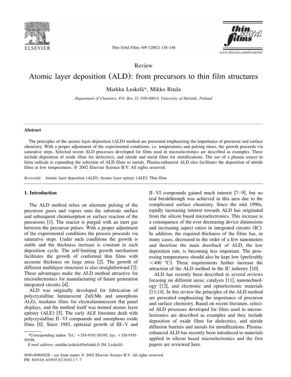 Atomic Layer Deposition (ALD): from Precursors to Thin Film Structures