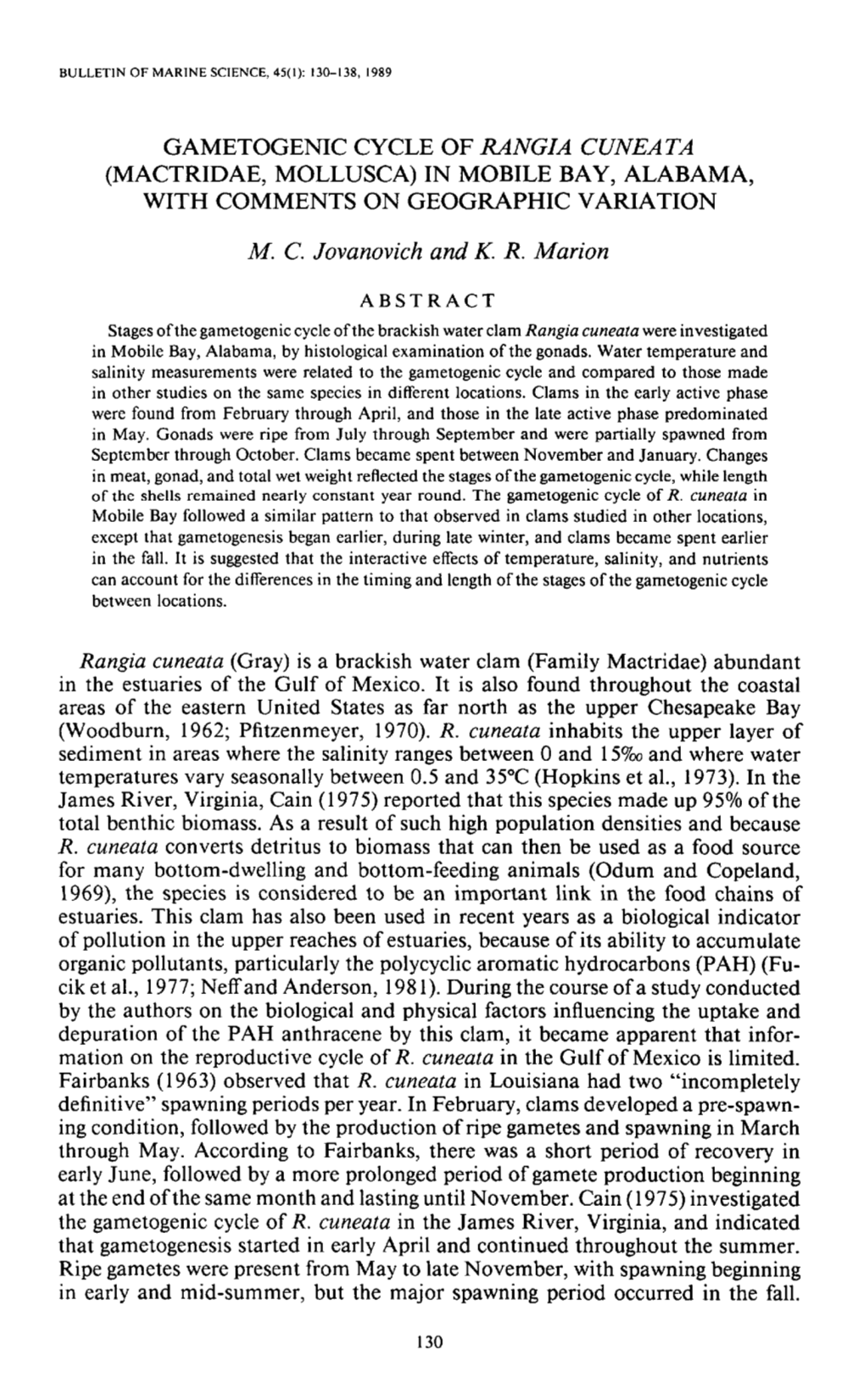 Gametogenic Cycle of <I>Rangia Cuneata</I> (Mactridae, Mollusca