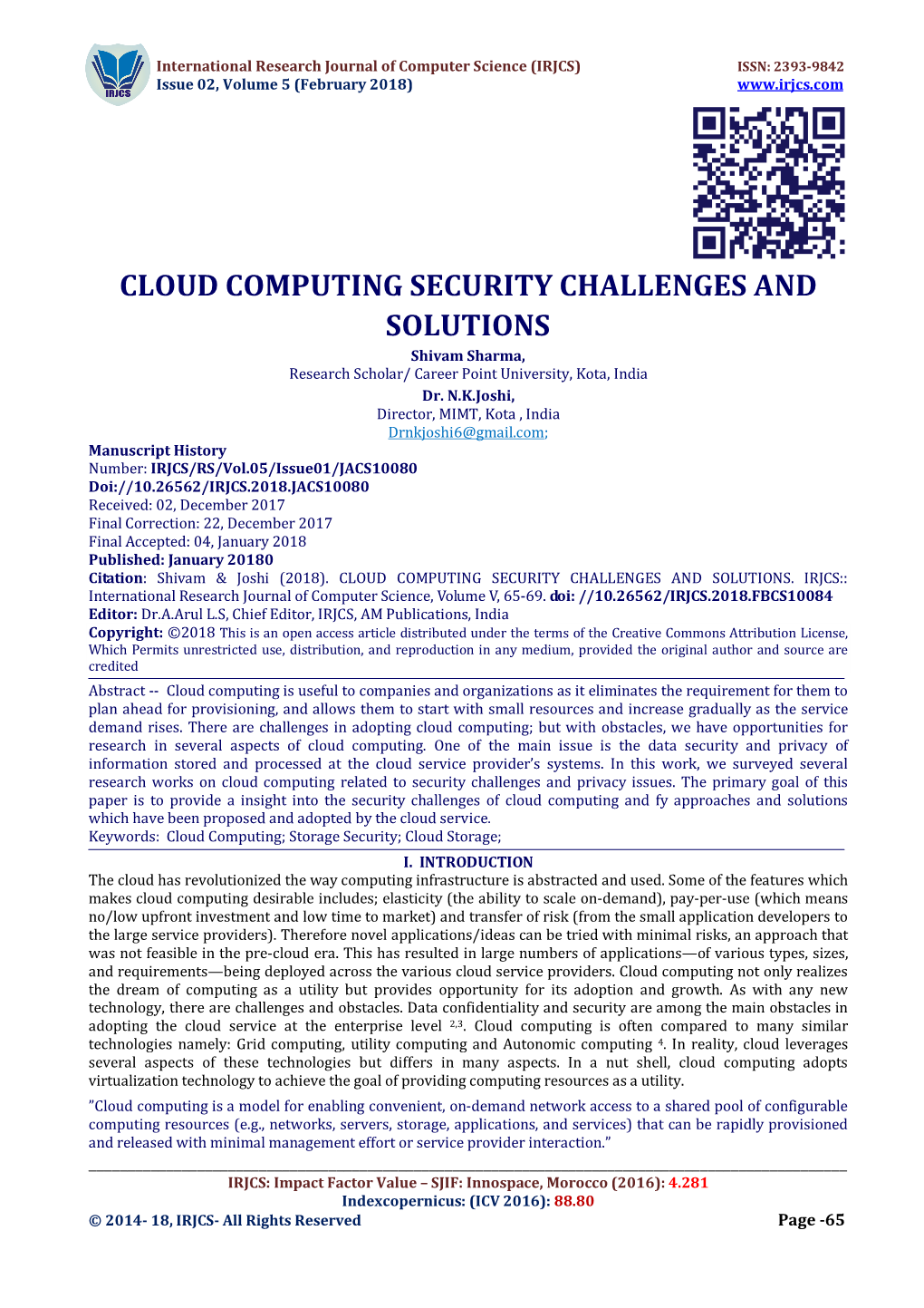 CLOUD COMPUTING SECURITY CHALLENGES and SOLUTIONS Shivam Sharma, Research Scholar/ Career Point University, Kota, India