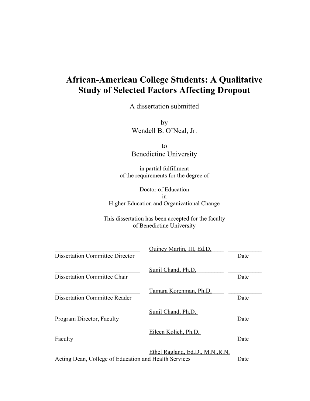 African-American College Students: a Qualitative Study of Selected Factors Affecting Dropout