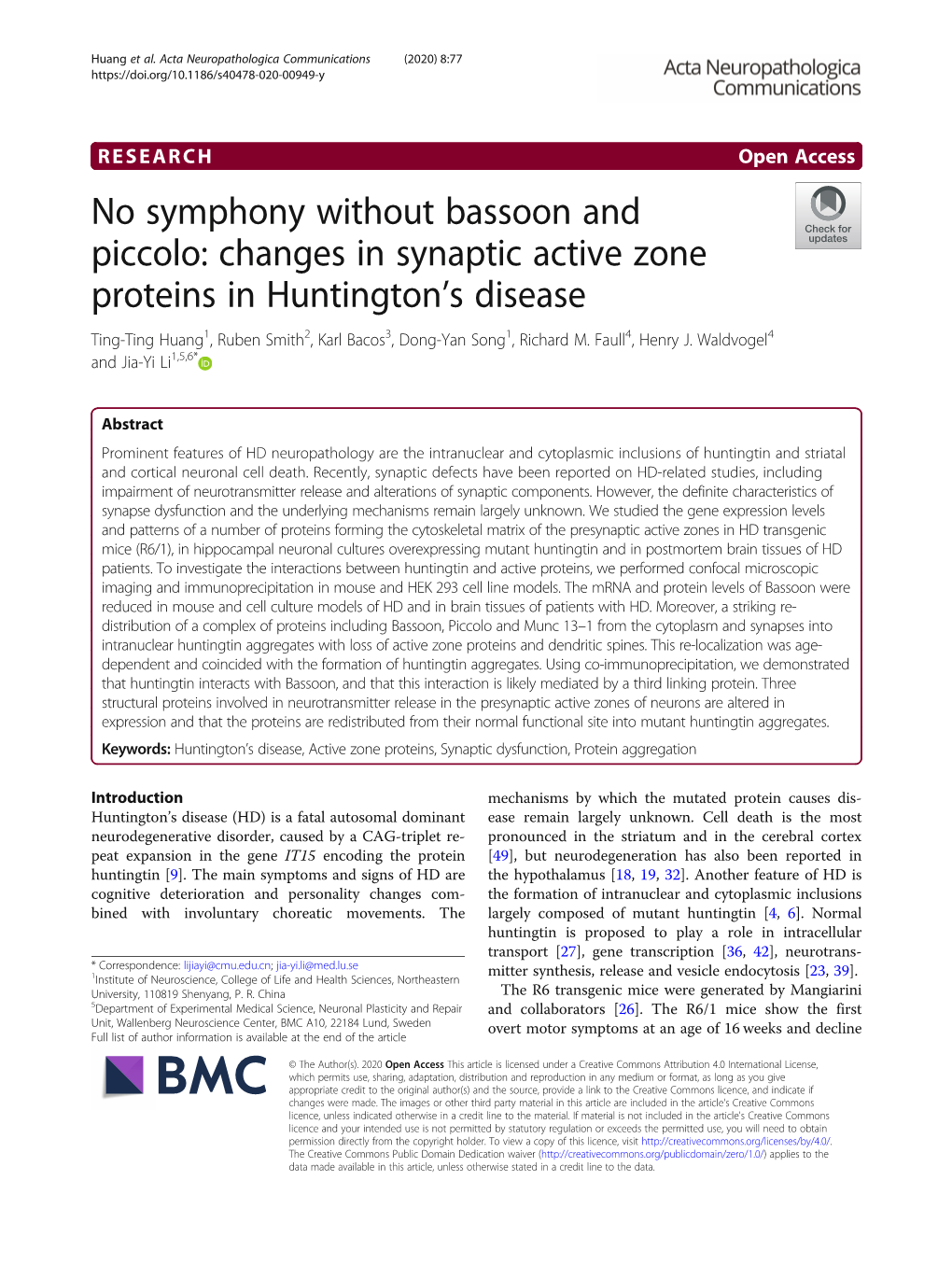 Changes in Synaptic Active Zone Proteins in Huntington's Disease