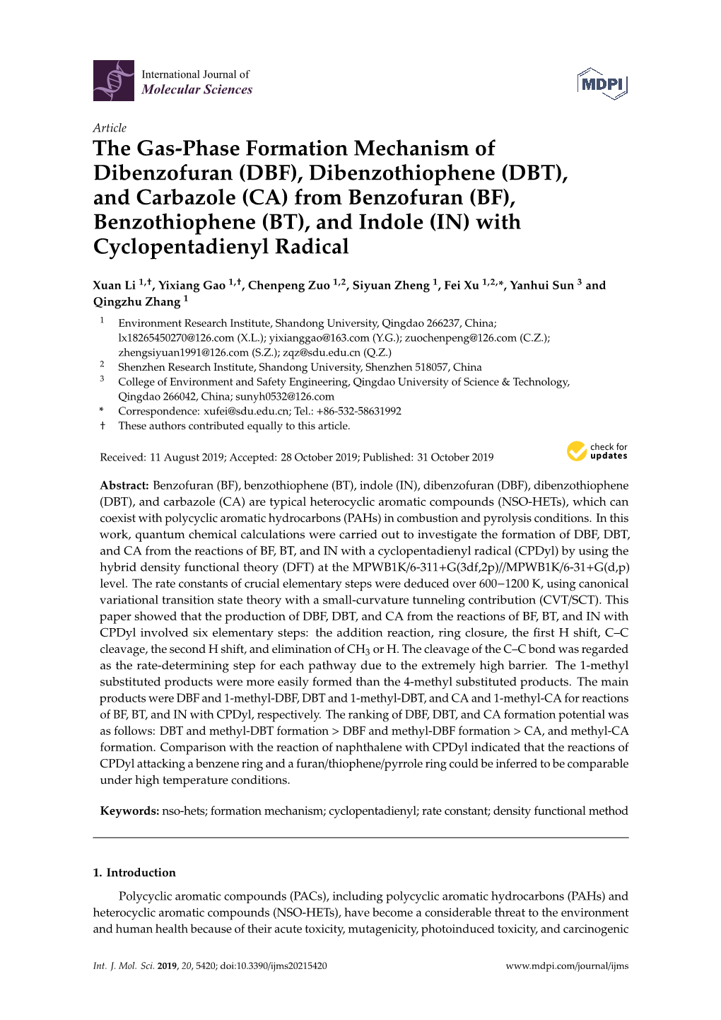 Dibenzothiophene (DBT), and Carbazole (CA) from Benzofuran (BF), Benzothiophene (BT), and Indole (IN) with Cyclopentadienyl Radical