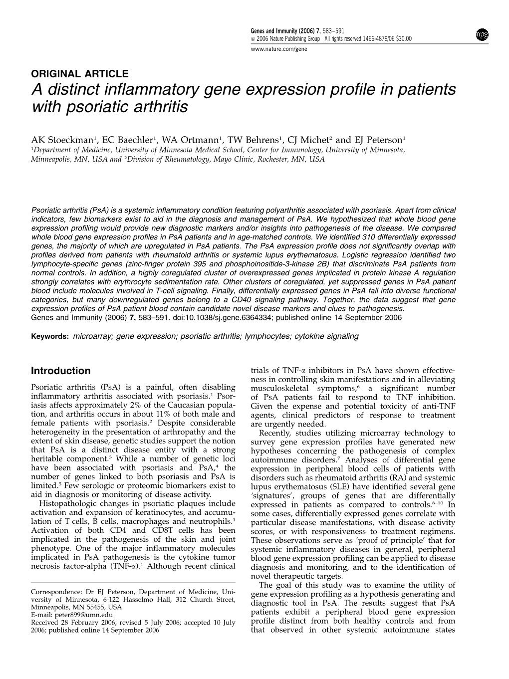 A Distinct Inflammatory Gene Expression Profile in Patients with Psoriatic Arthritis