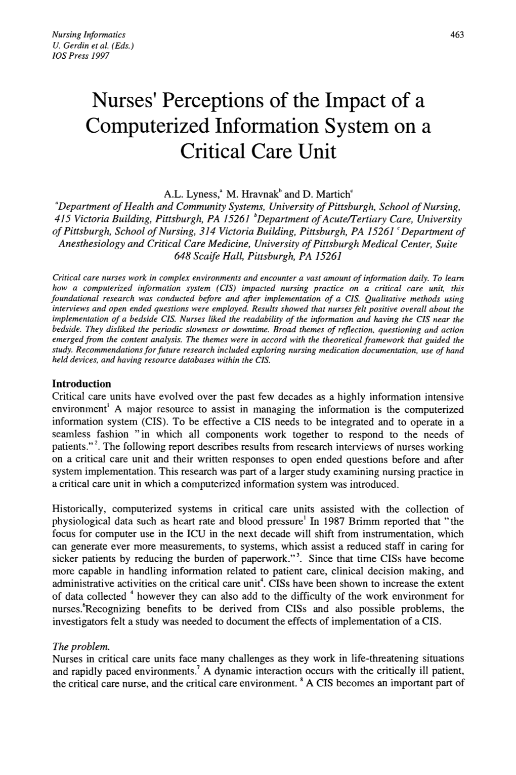 Nurses' Perceptions of the Impact of a Computerized Information System on a Critical Care Unit