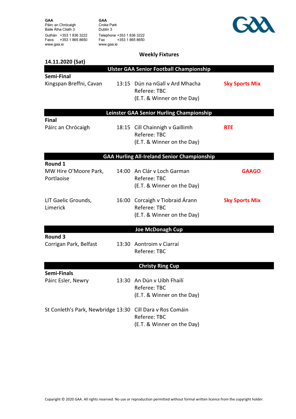 Weekly Fixtures 14.11.2020 (Sat) Ulster GAA Senior Football