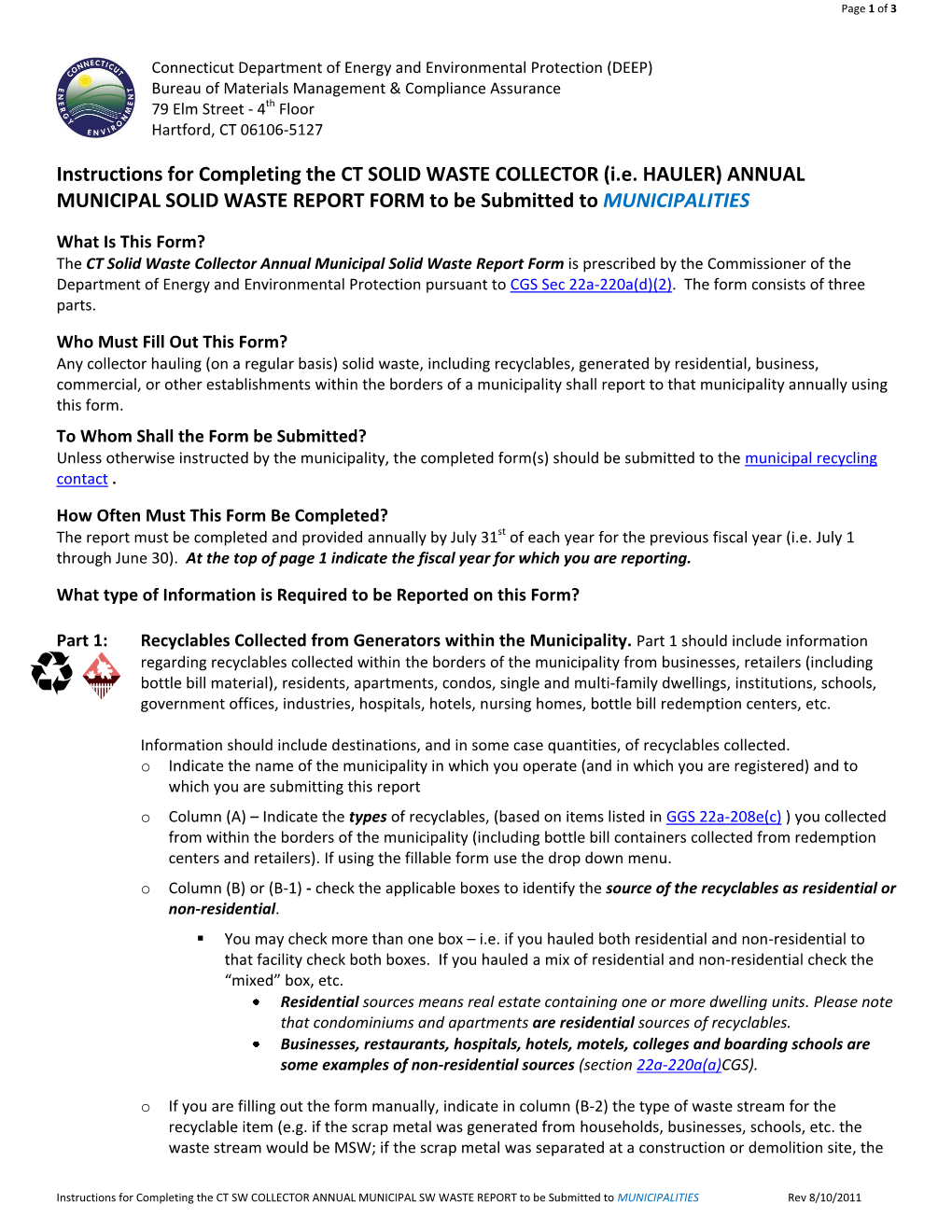 Instructions for Completing the Annual Municipal Recycling Report Form