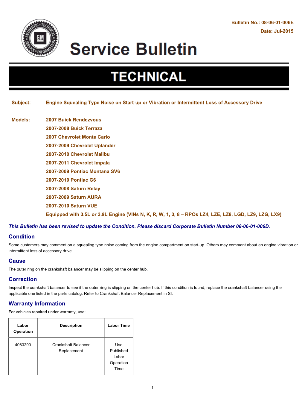 Condition Cause Correction Warranty Information