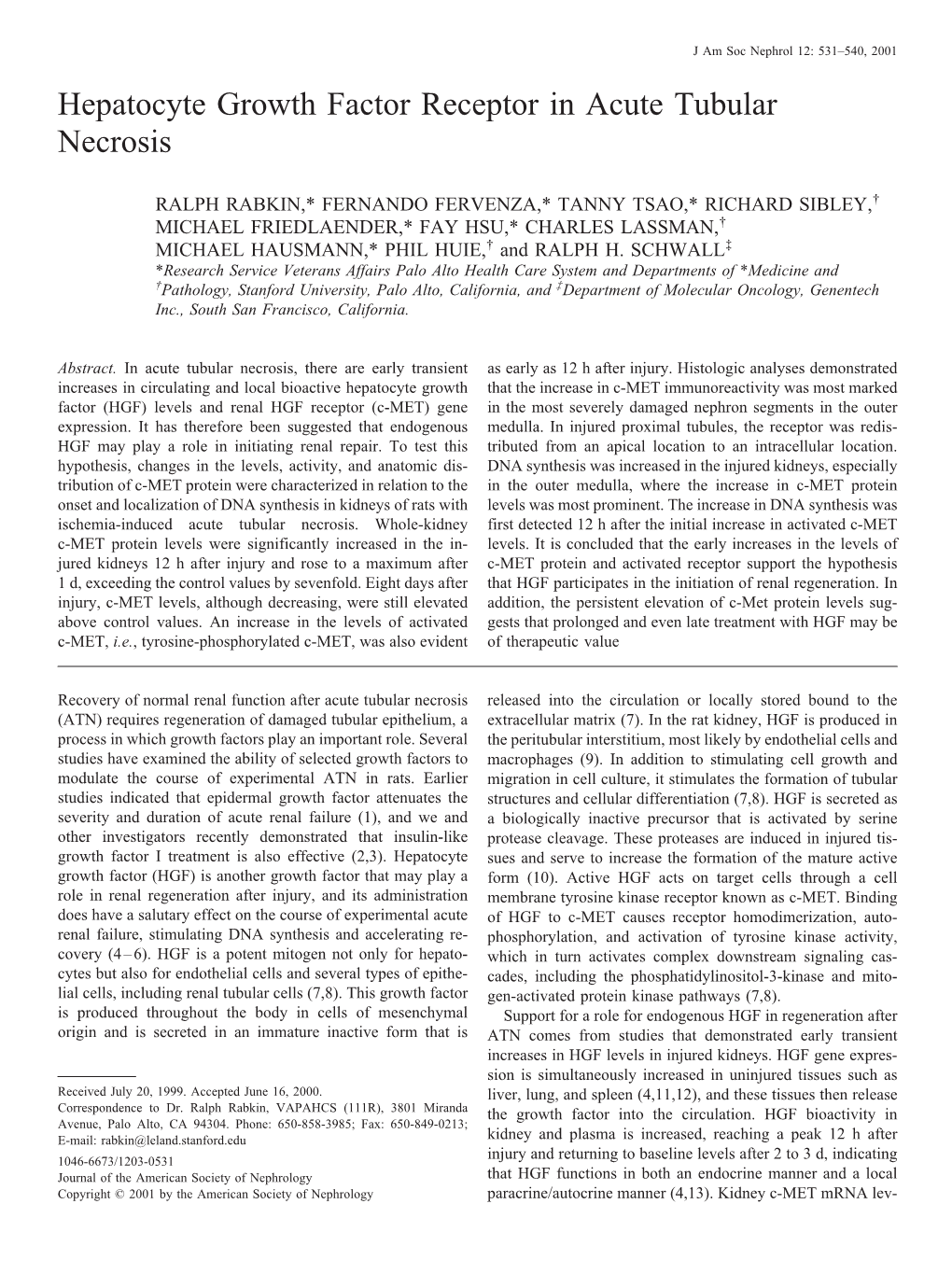 Hepatocyte Growth Factor Receptor in Acute Tubular Necrosis