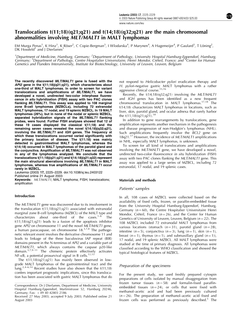 (Q32;Q21) Are the Main Chromosomal Abnormalities Involving MLT/MALT1 in MALT Lymphomas