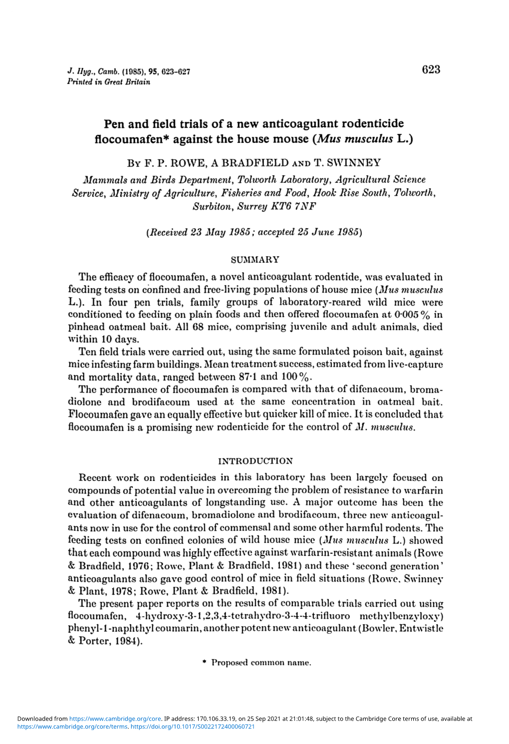 Pen and Field Trials of a New Anticoagulant Rodenticide Flocoumafen* Against the House Mouse (Mus Musculus L.)