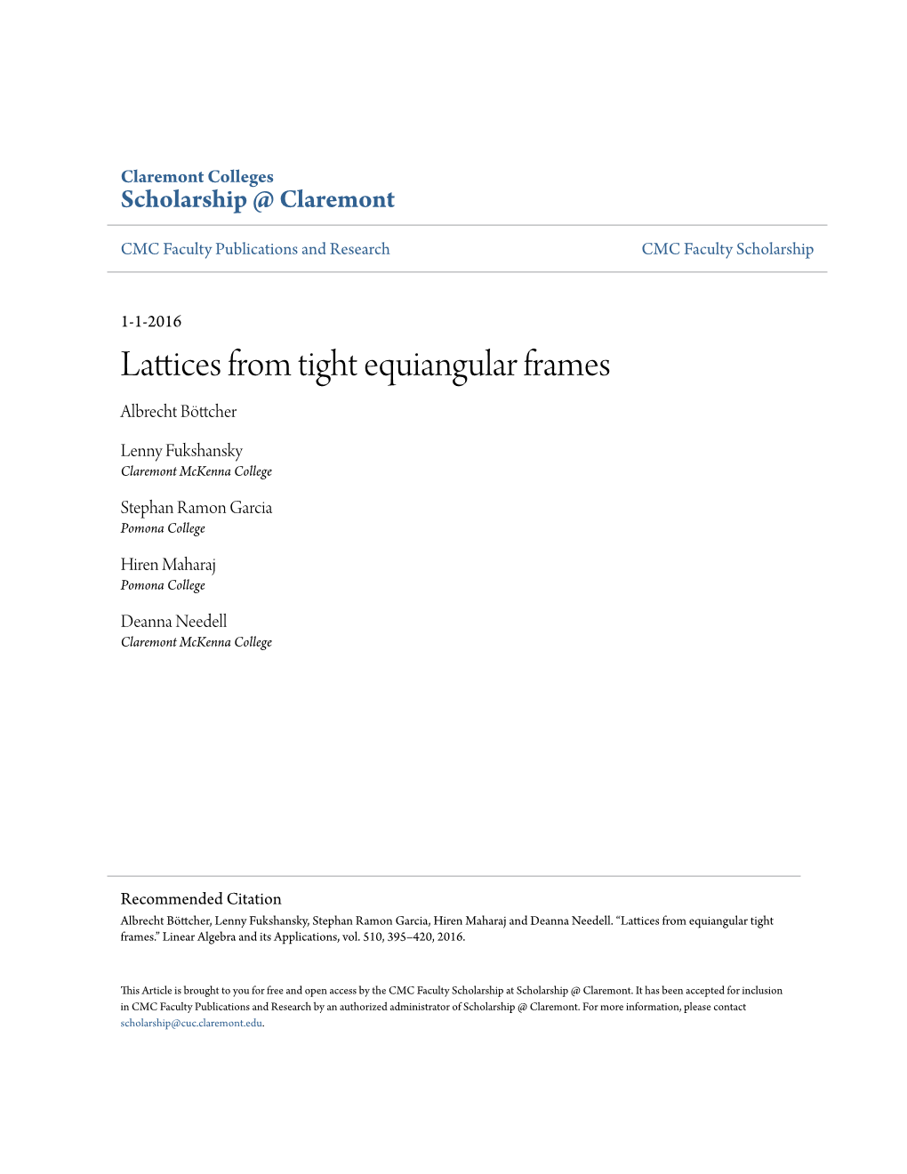 Lattices from Tight Equiangular Frames Albrecht Böttcher