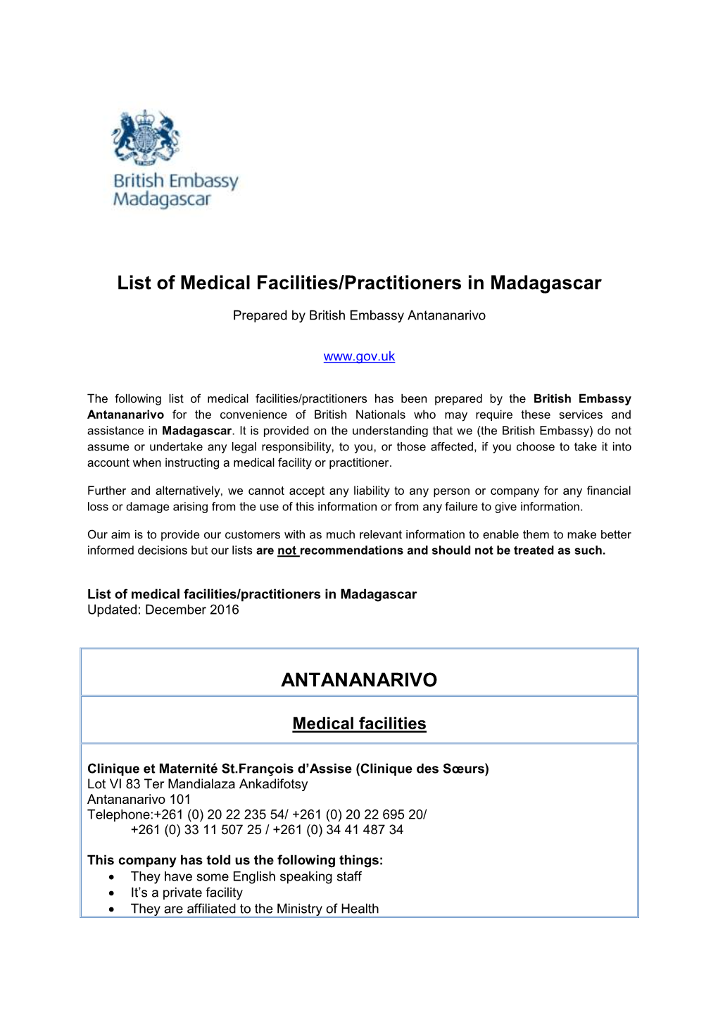 List of Medical Facilities/Practitioners in Madagascar