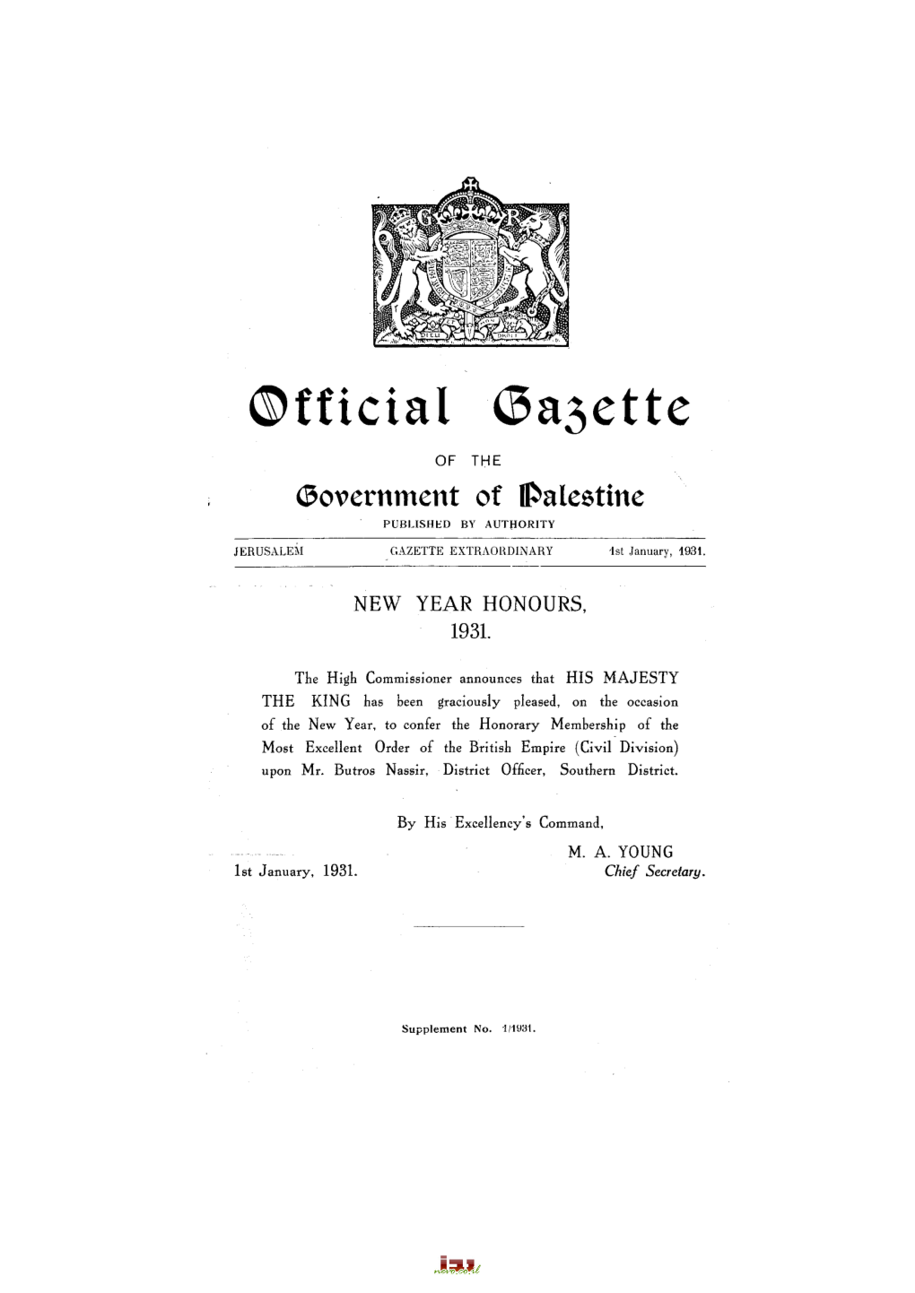 Government of Palestine. PUBLISHED FORTNIGHTLY by AUTHORITY