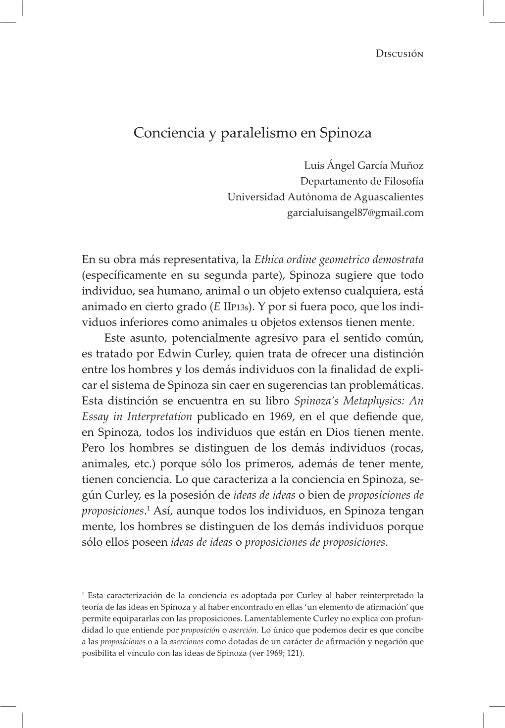 Conciencia Y Paralelismo En Spinoza