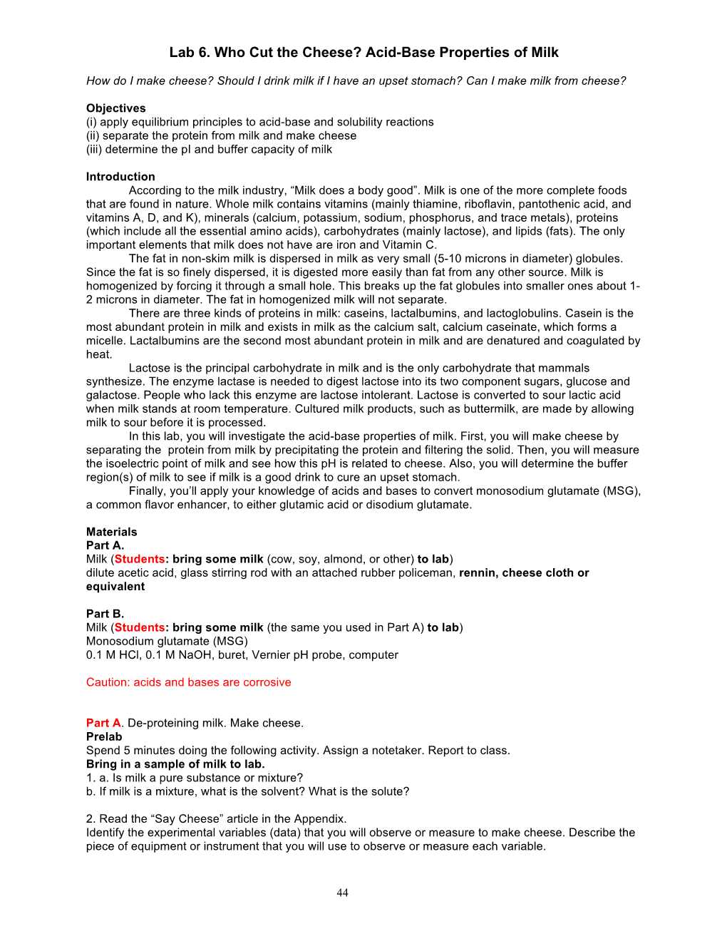 Lab 6. Who Cut the Cheese? Acid-Base Properties of Milk