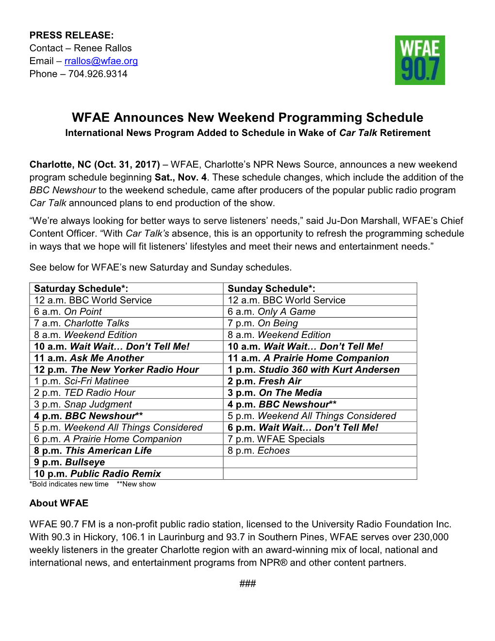 WFAE Announces New Weekend Programming Schedule International News Program Added to Schedule in Wake of Car Talk Retirement