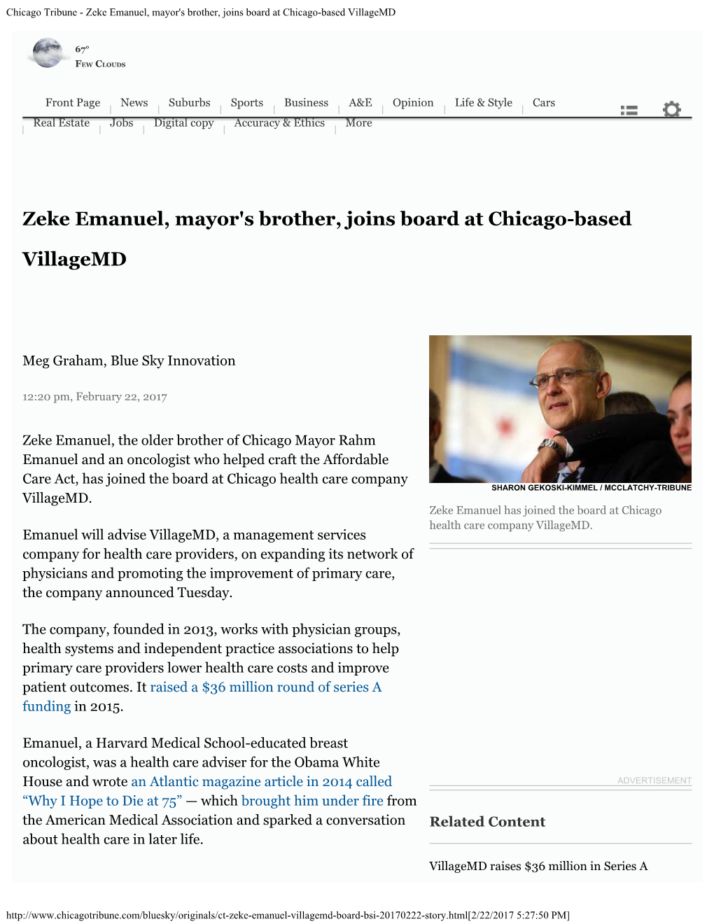 Zeke Emanuel, Mayor's Brother, Joins Board at Chicago-Based Villagemd