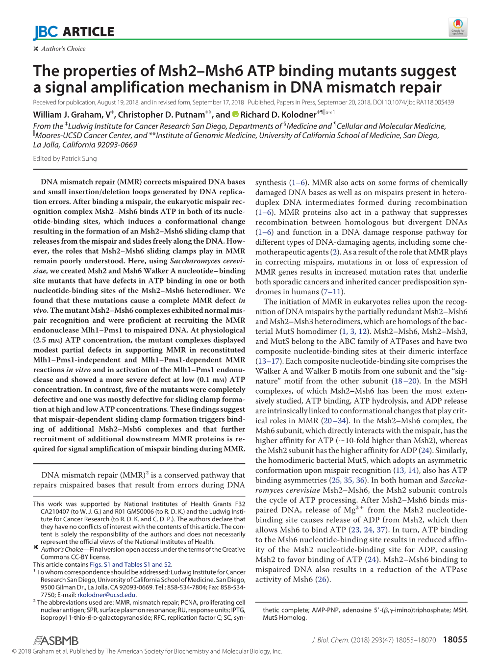 The Properties of Msh2–Msh6 ATP Binding Mutants Suggest a Signal