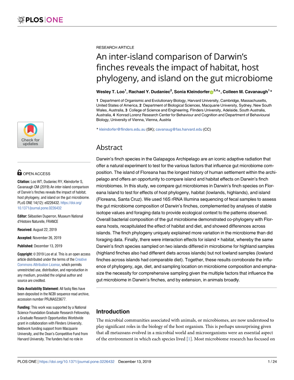 An Inter-Island Comparison of Darwin's Finches Reveals the Impact Of